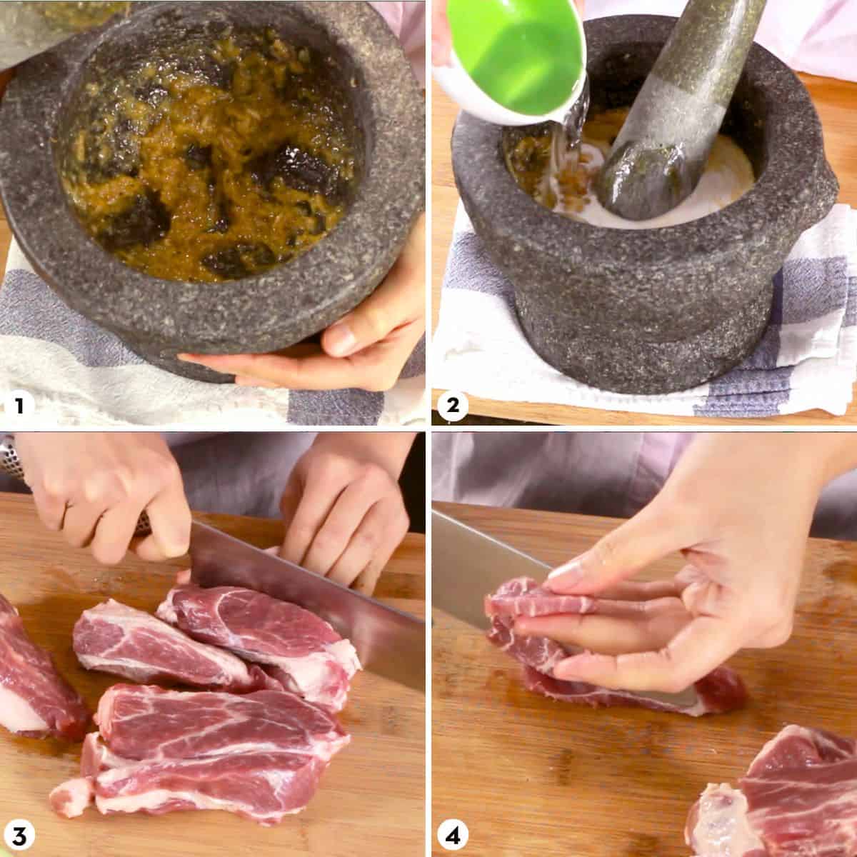 Process shots for making moo ping, steps 1-4