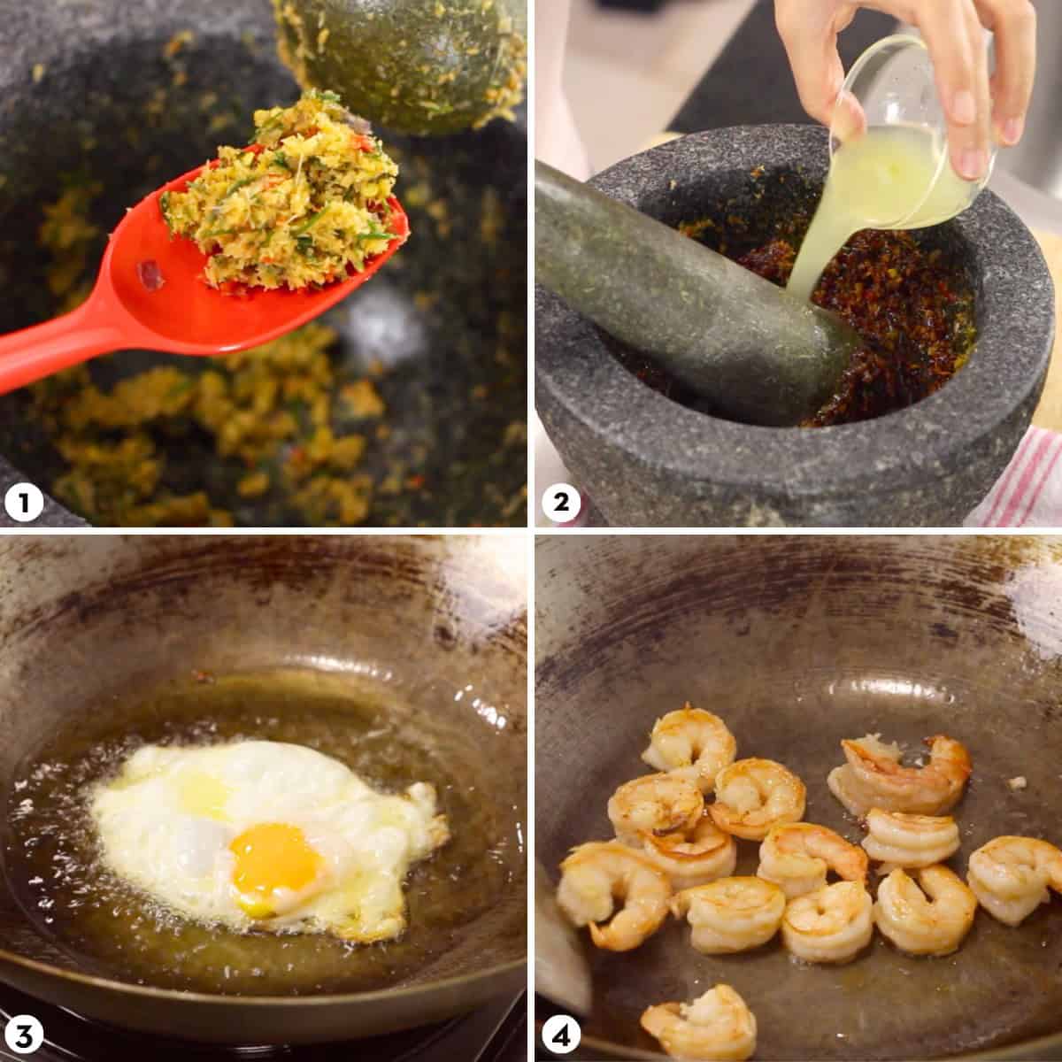 Process shots for making tom yum fried rice steps 1-4