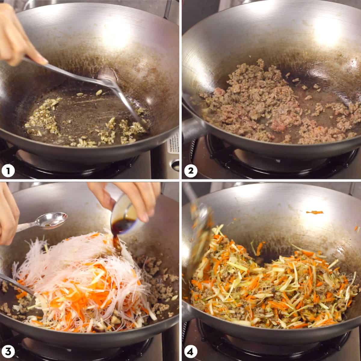 Process shots for how to make crispy spring rolls steps 1-4
