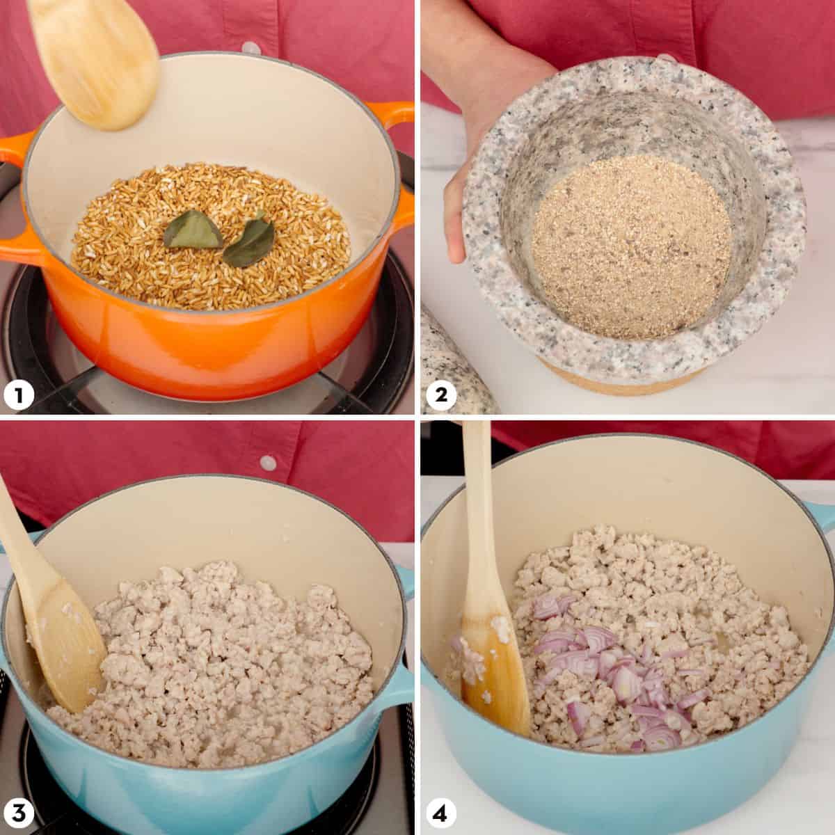 Process shots for making laab gai steps 1-4