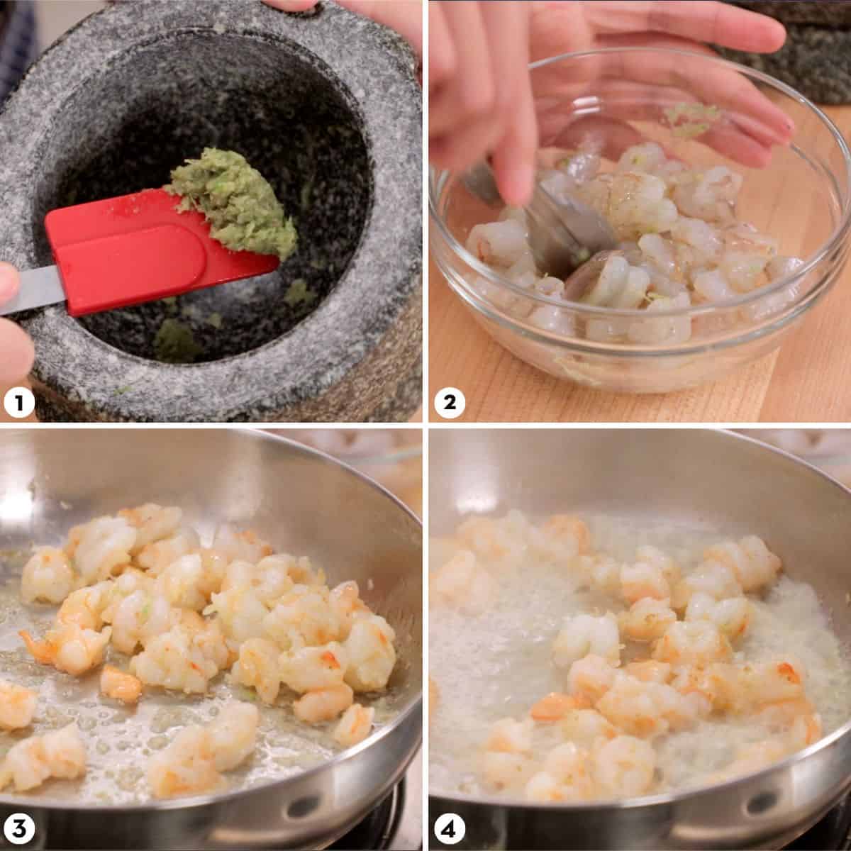 Process shots for making kao tom goong, steps 1-4.