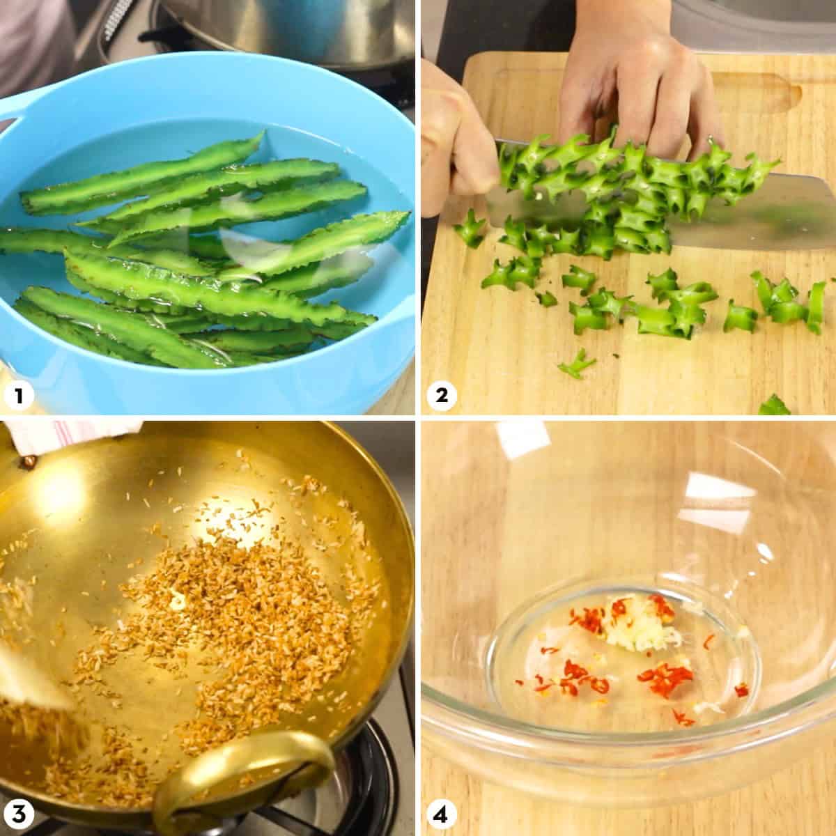 Process shots for making wing bean salad steps 1-4