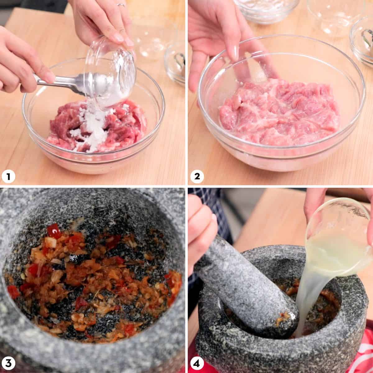 Process shots for making moo manao steps 1-4