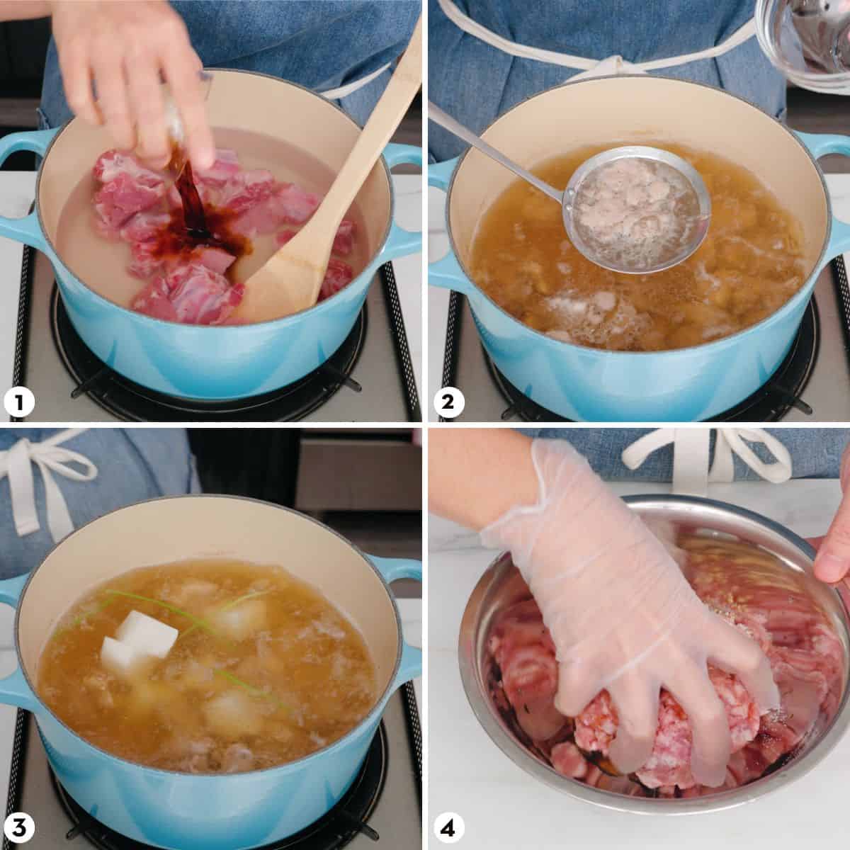 process shots for making glass nodle soup, steps 1-4
