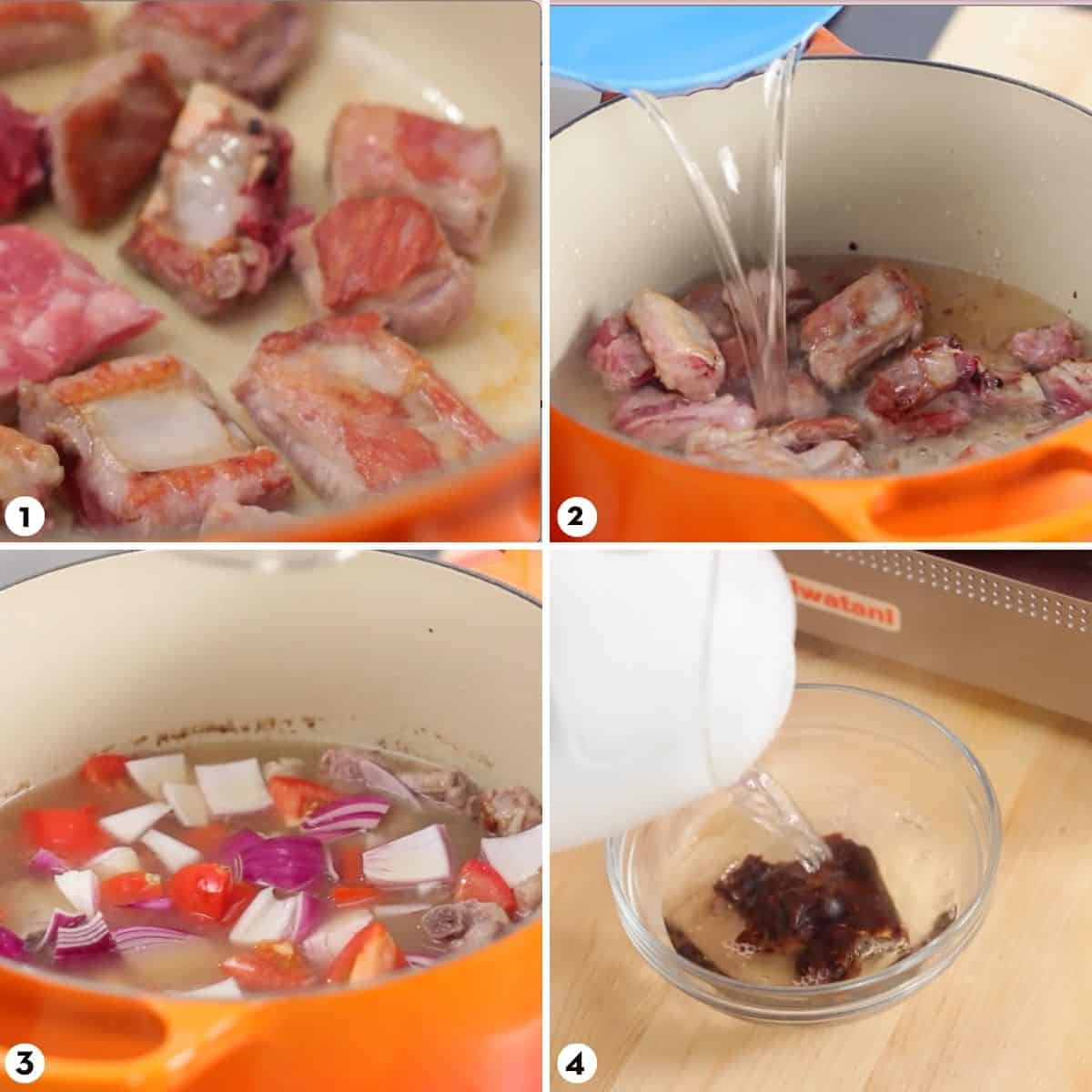 Process shots for making sinigang, steps 1-4