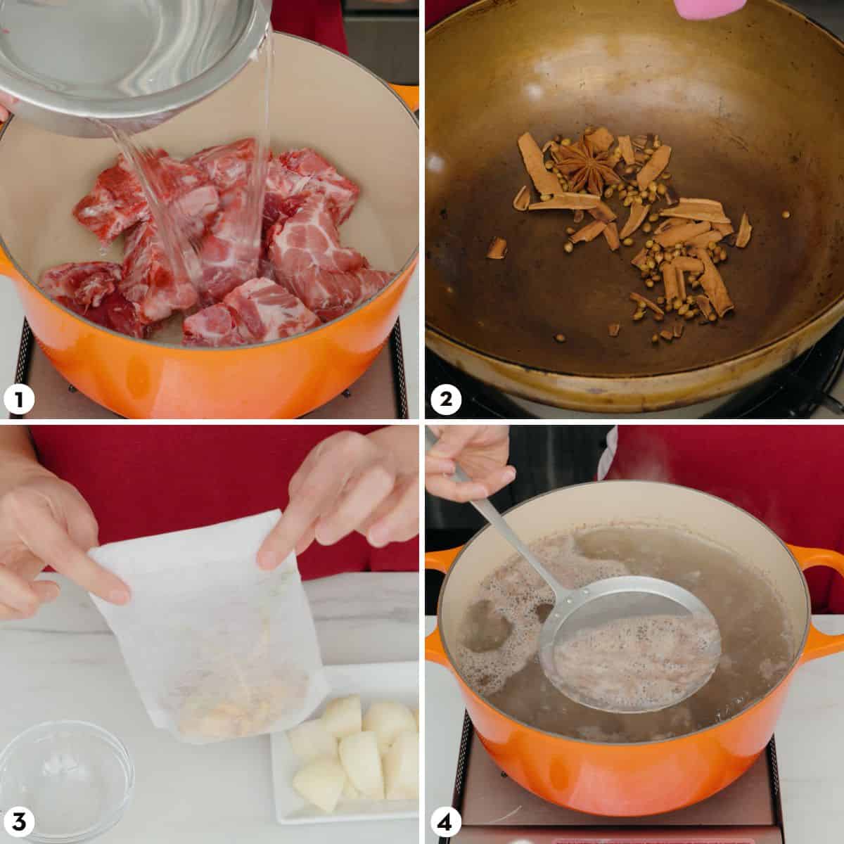 Process shots for making boat noodles steps 1-4