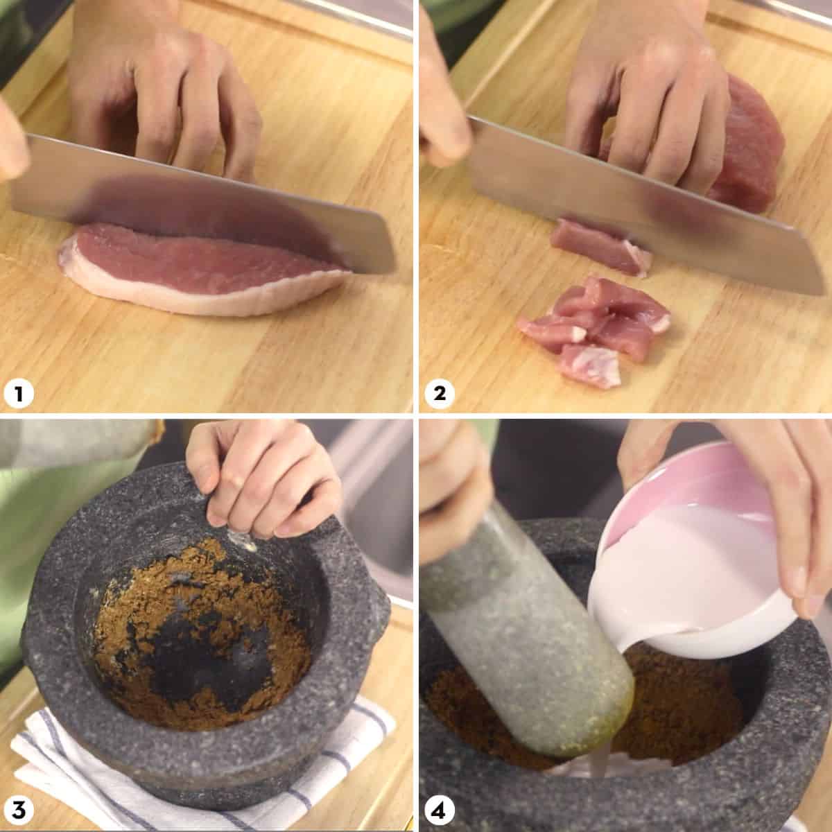 process shots for how to make pork satay stepes 1-4