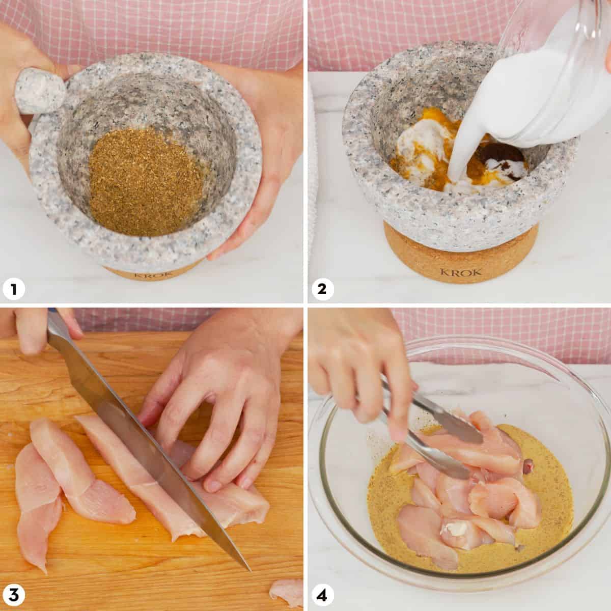 Process shots for making chicken satay, steps 1-4