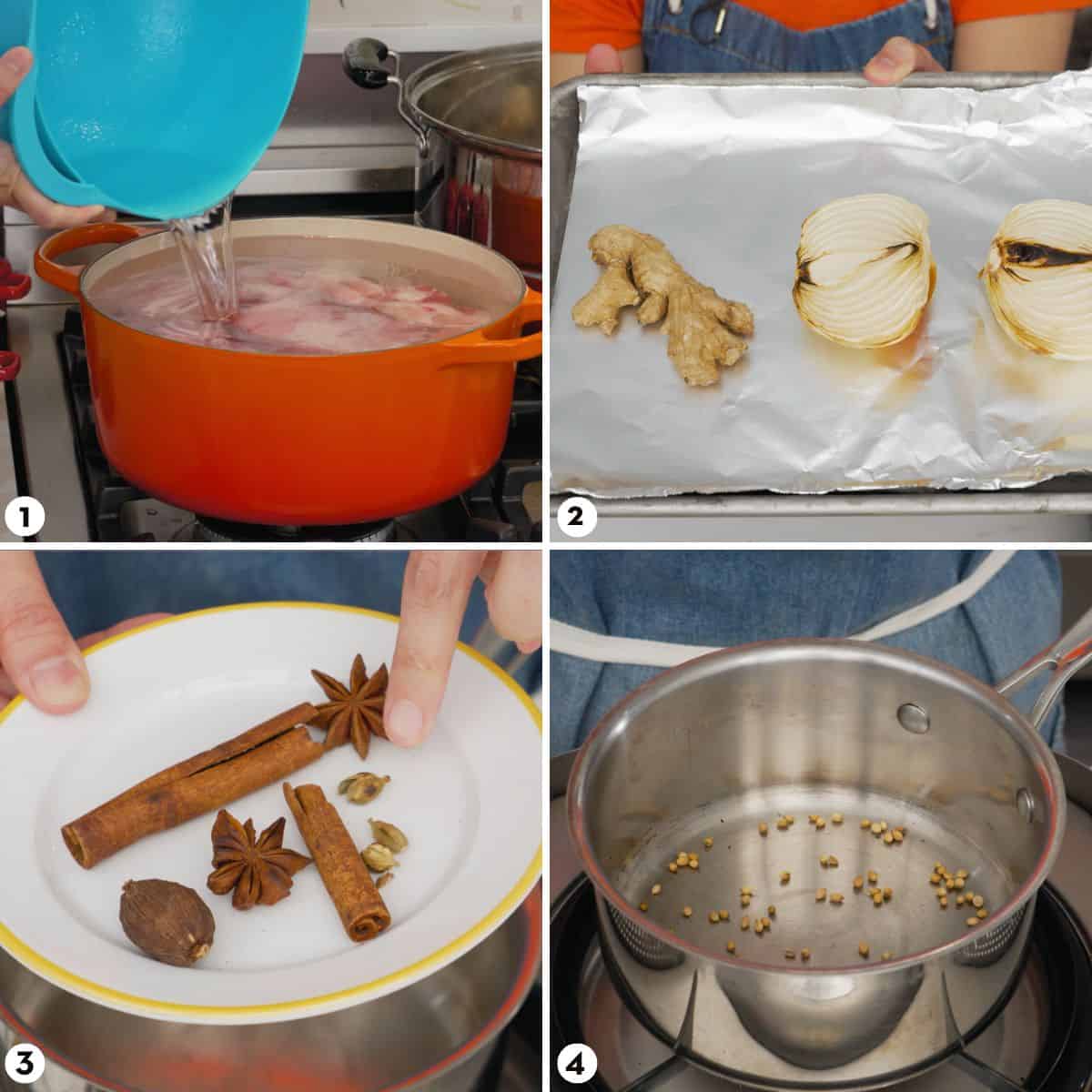 process shots for how to make beef pho, steps 1-4