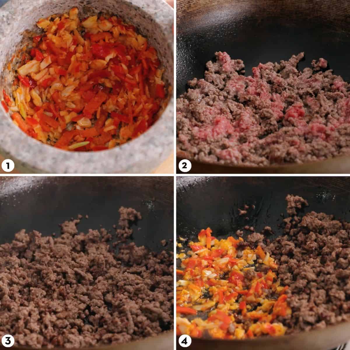 Process shots for making pad kra pao steps 1-4