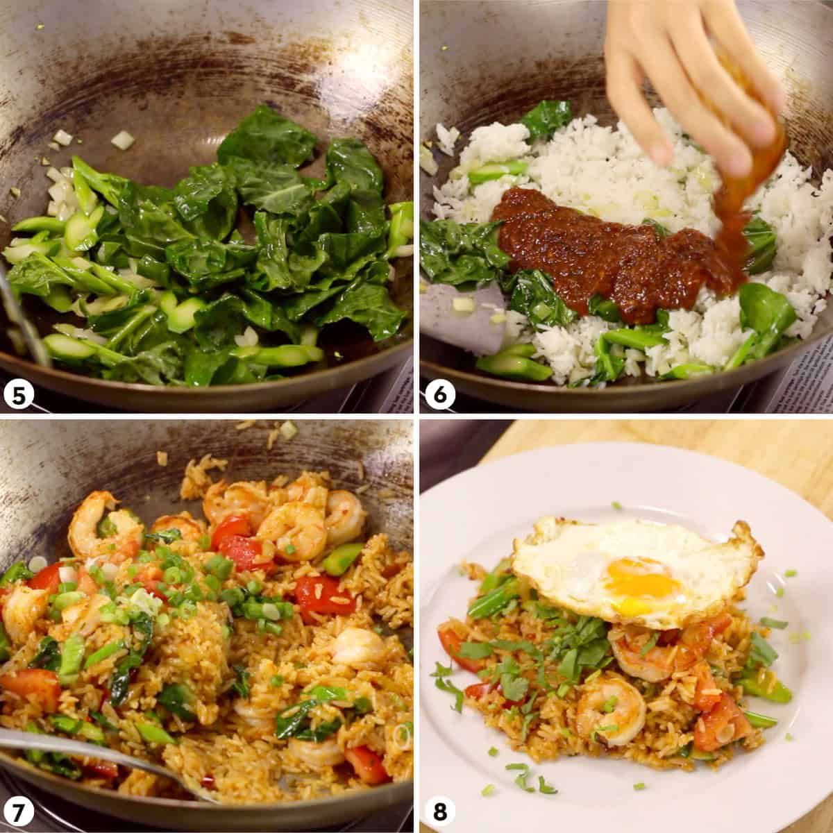 Process shots for making tom yum fried rice steps 5-8