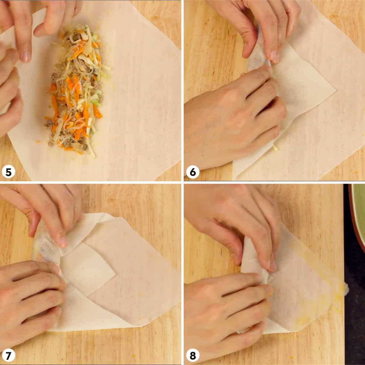 Process shots for how to make crispy spring rolls steps 5-8