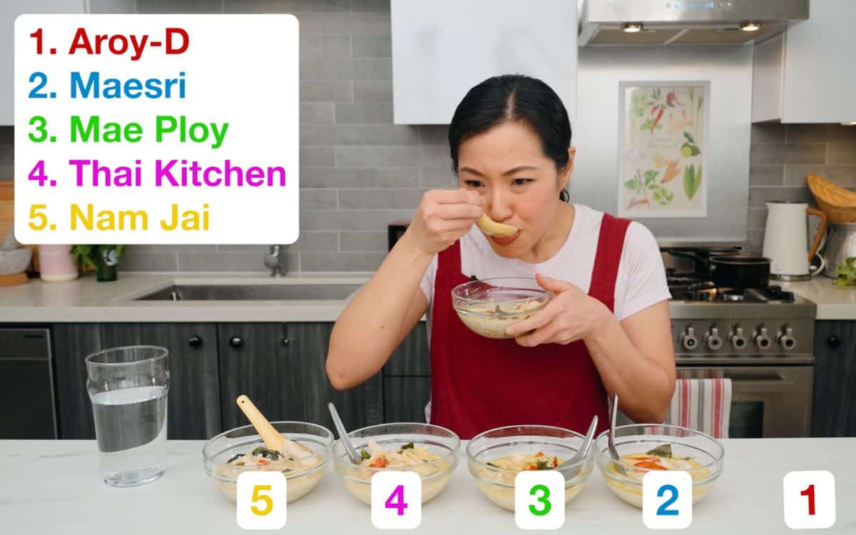 Pailin tasting green curry made from 5 brands of curry paste
