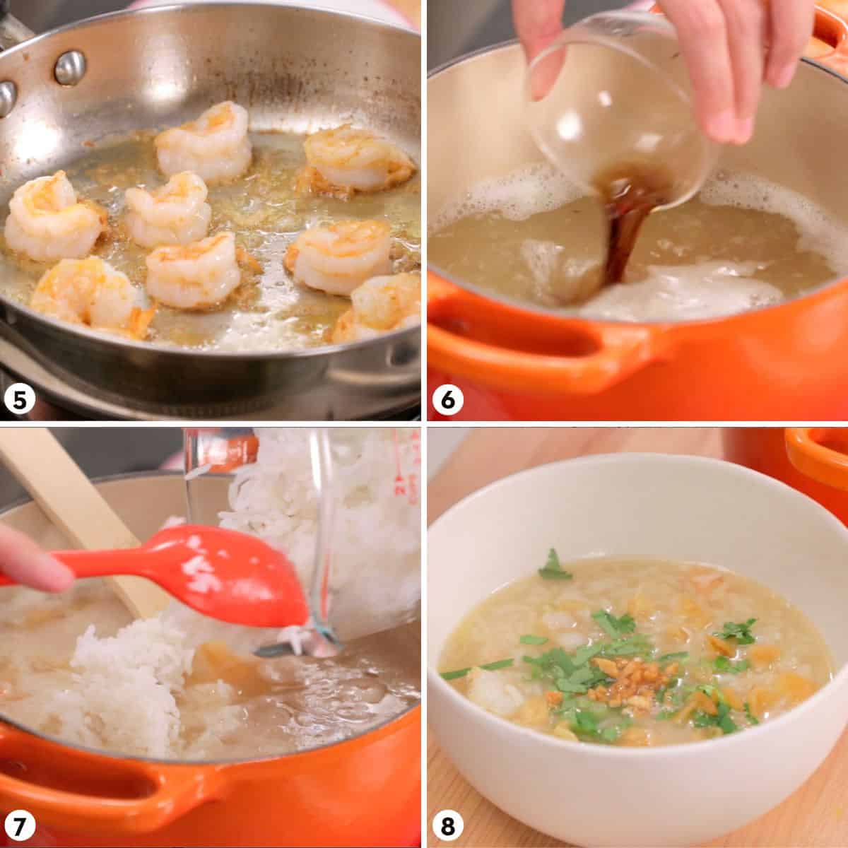 Process shots for making kao tom goong, steps 5-8.