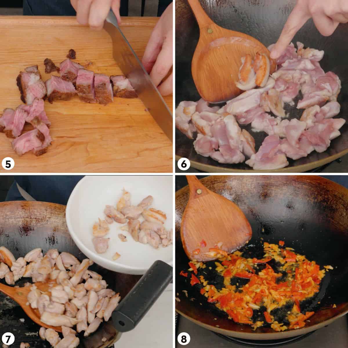 Process shots for making pad kra pao steps 5-8