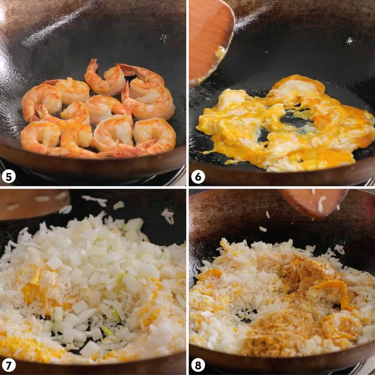 process shots for making pineapple fried rice steps 5-8