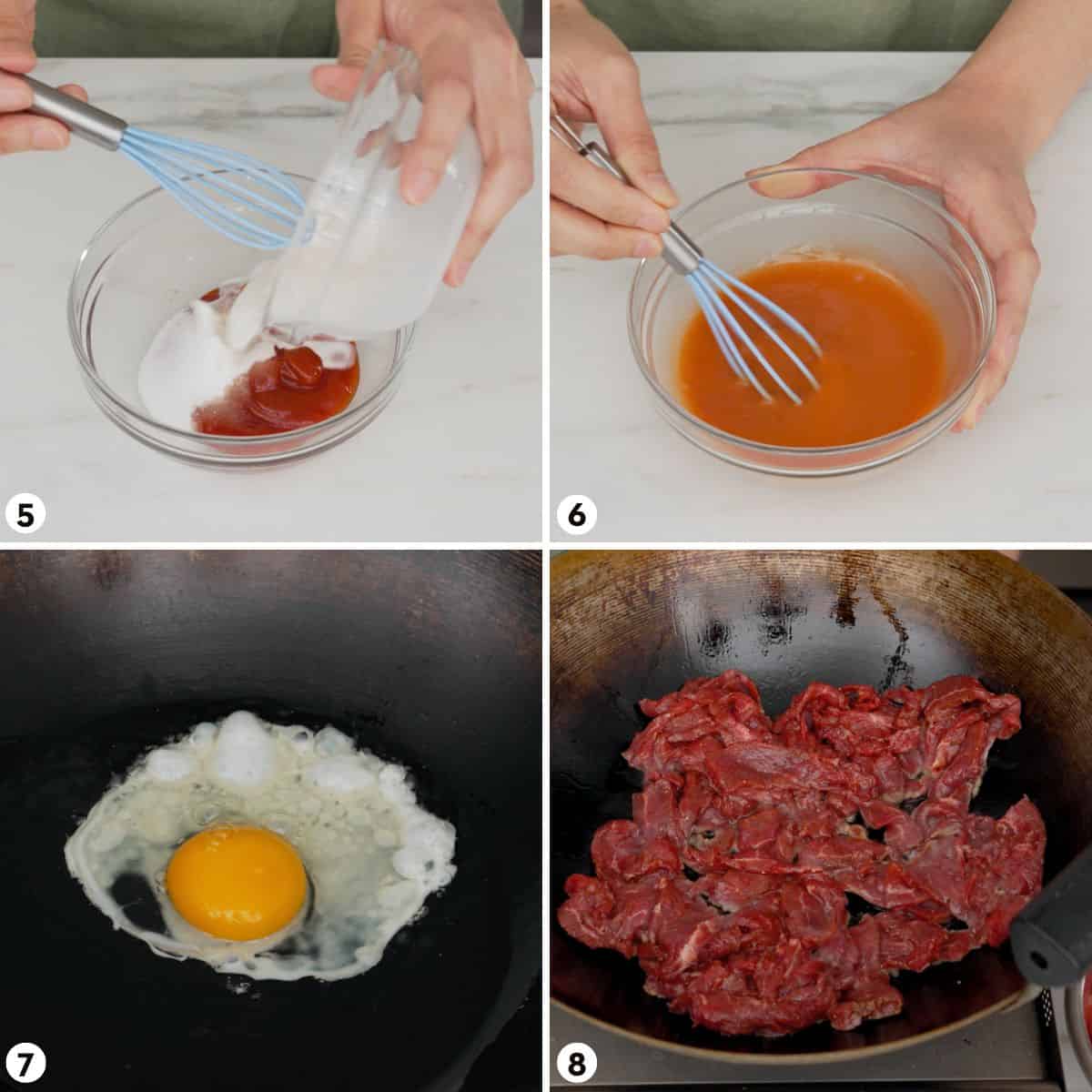 process shots for tomato beef stir fry steps 5-8