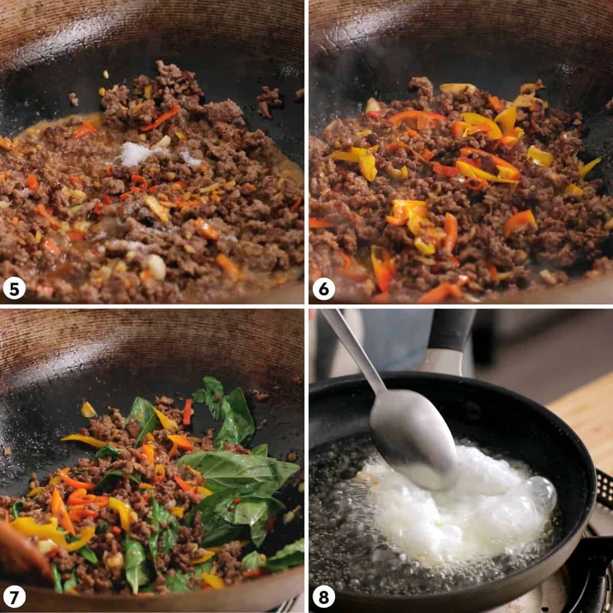 Process shots for making pad kra pao steps 5-8
