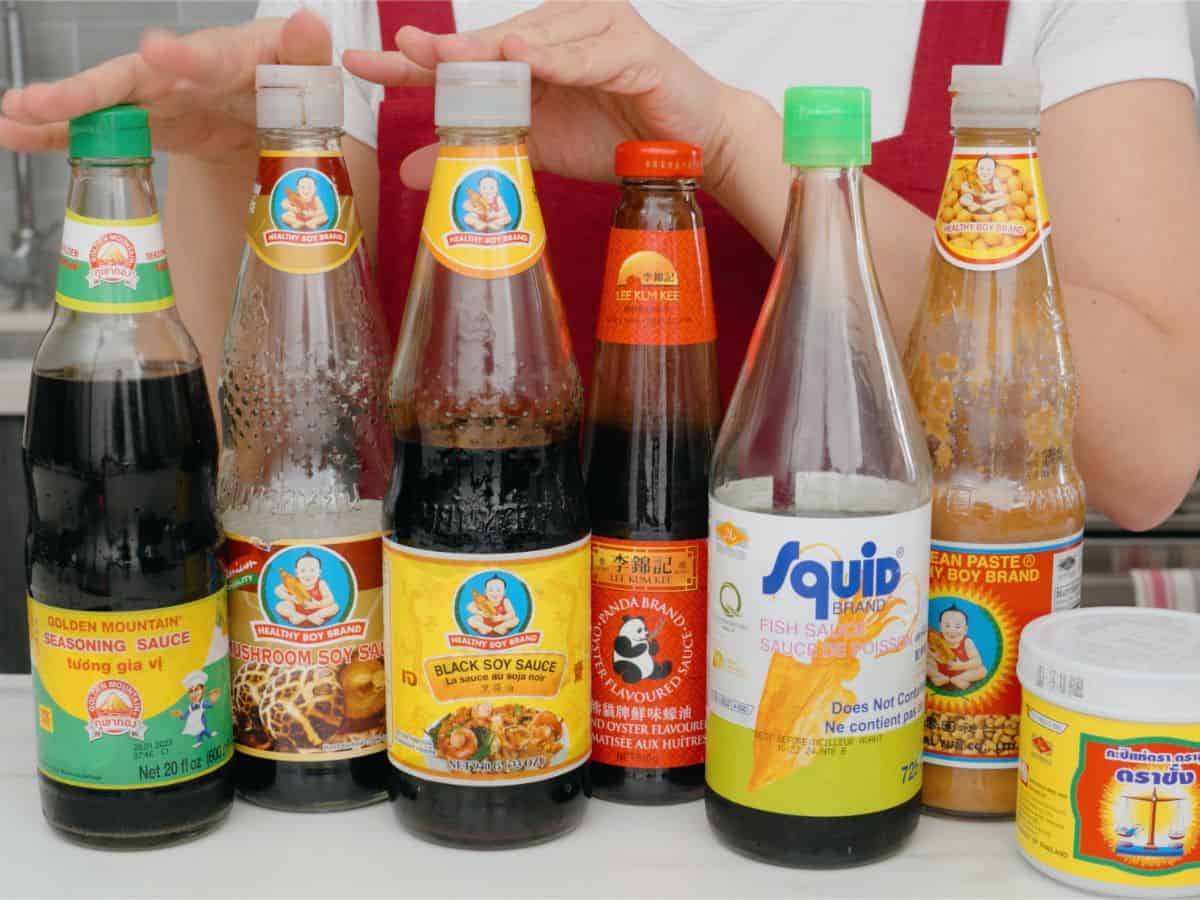 a variety of soy sauces in bottles
