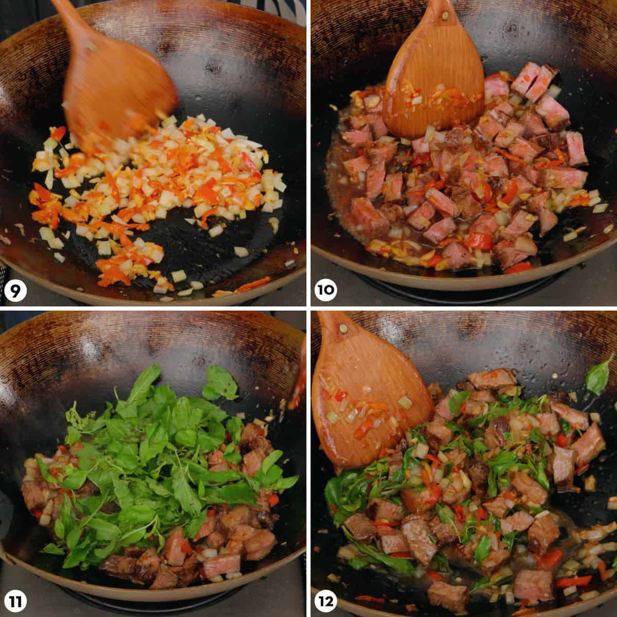Process shots for making pad kra pao steps 9-12