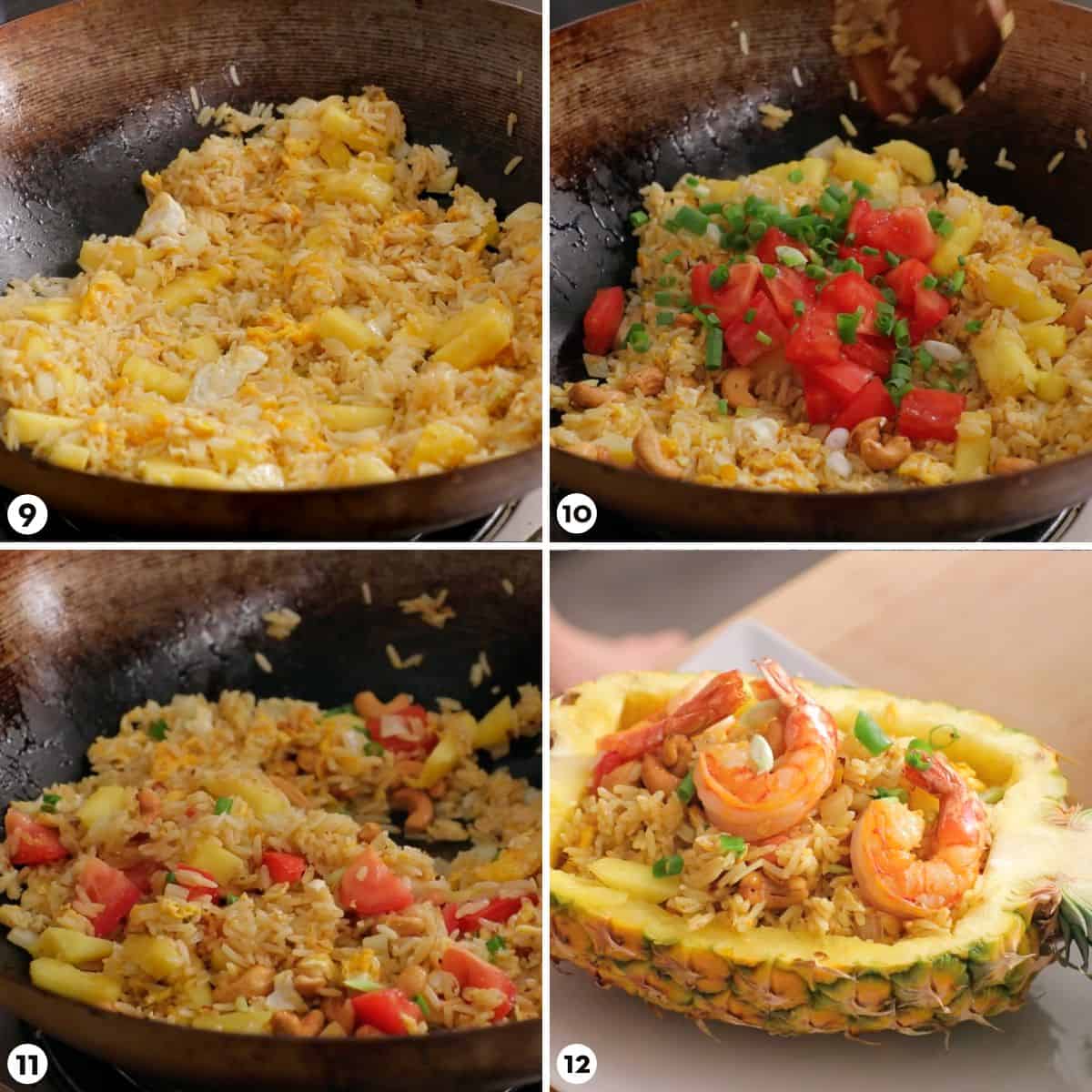 process shots for making pineapple fried rice steps 9-12