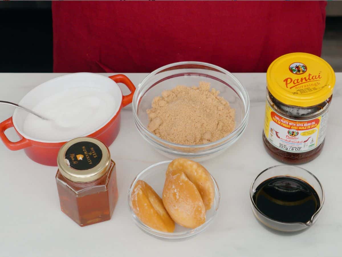 sugar, brown sugar, palm sugar, honey, sweet soy sauce and thai chili paste