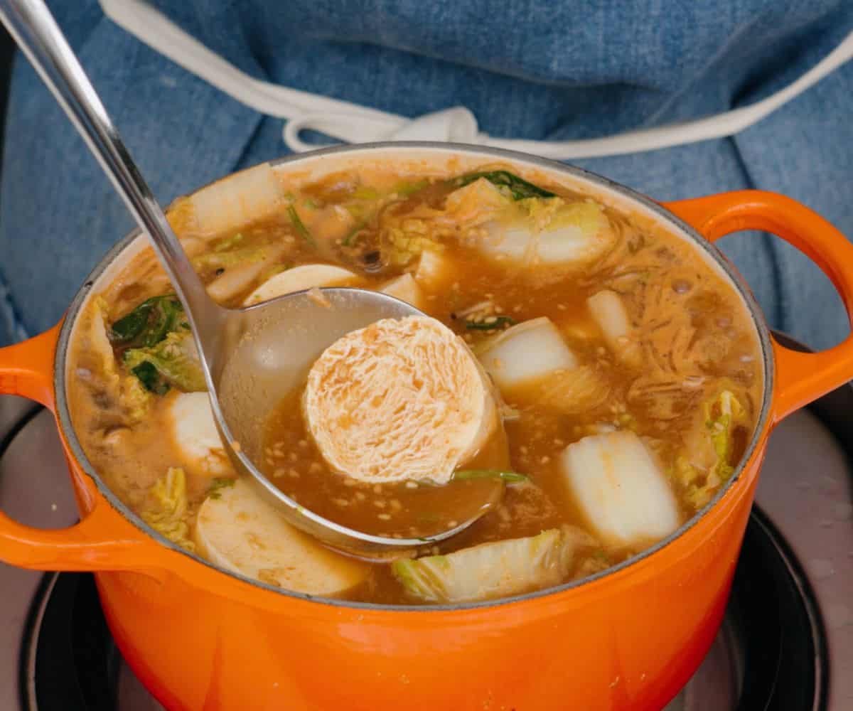 previously frozen silken tofu in a Thai sukiyaki soup