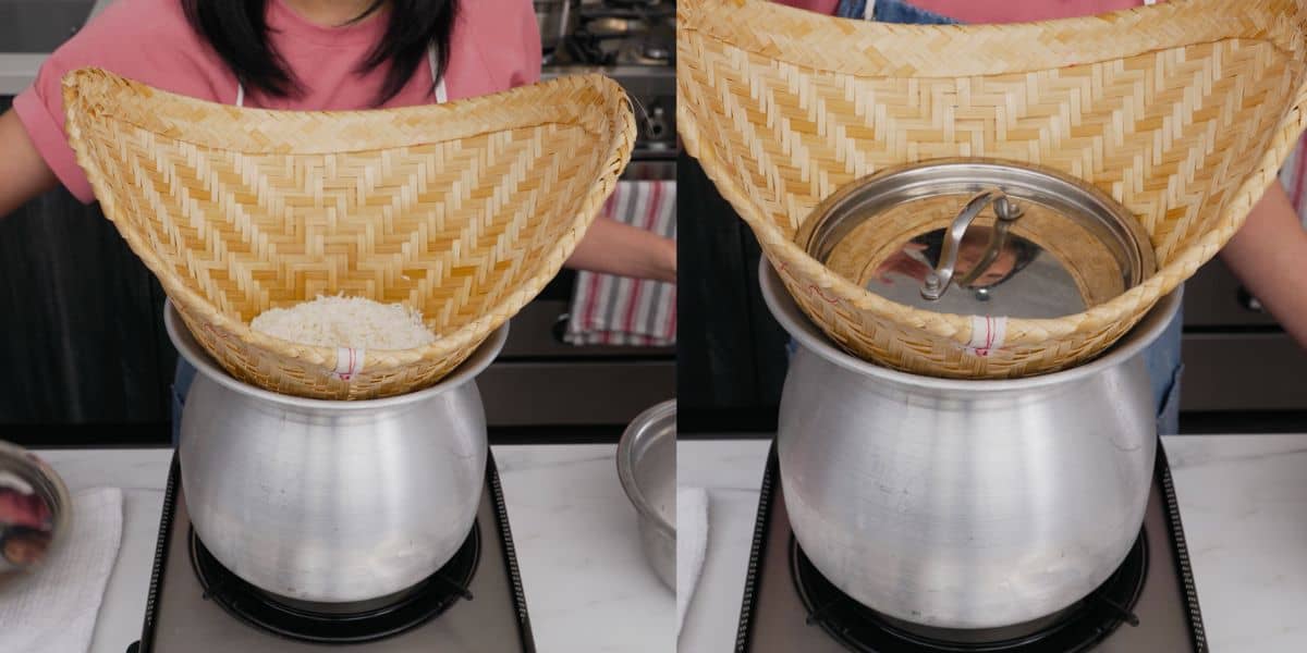left: bamboo cone steamer with sticky rice inside on top of a stove. Right: the same steamer with a lid on.