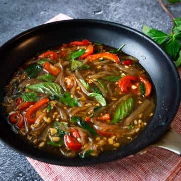 Thai basil sauce in a skillet.