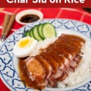 A plate of chinese bbq pork on rice with gravy, a side of medium boiled egg and cucumber slices