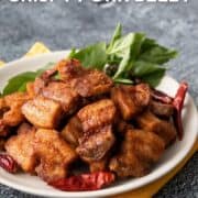 a plate of crispy pork belly with text overlay "30-minute crispy pork belly"