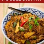 Pinterest-friendly image of glass noodle stir fry with baby corn and Thai eggplant.