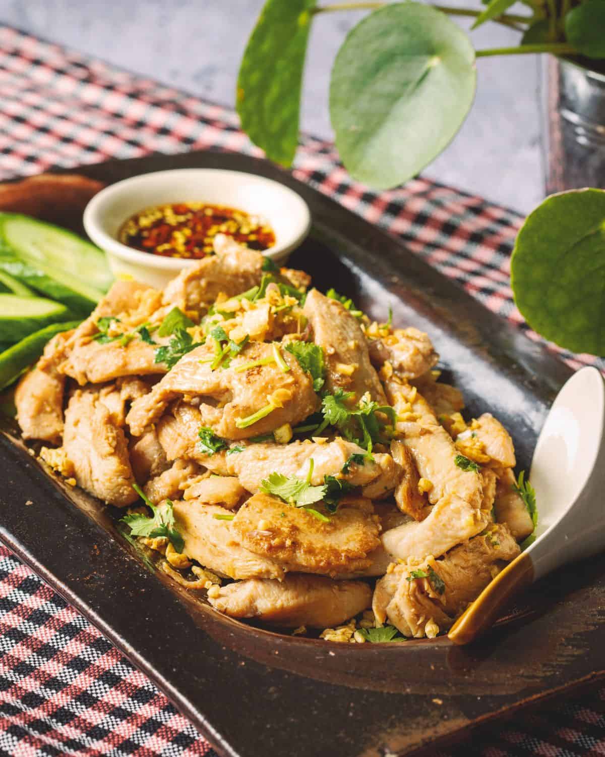 a plate of garlic pepper chicken