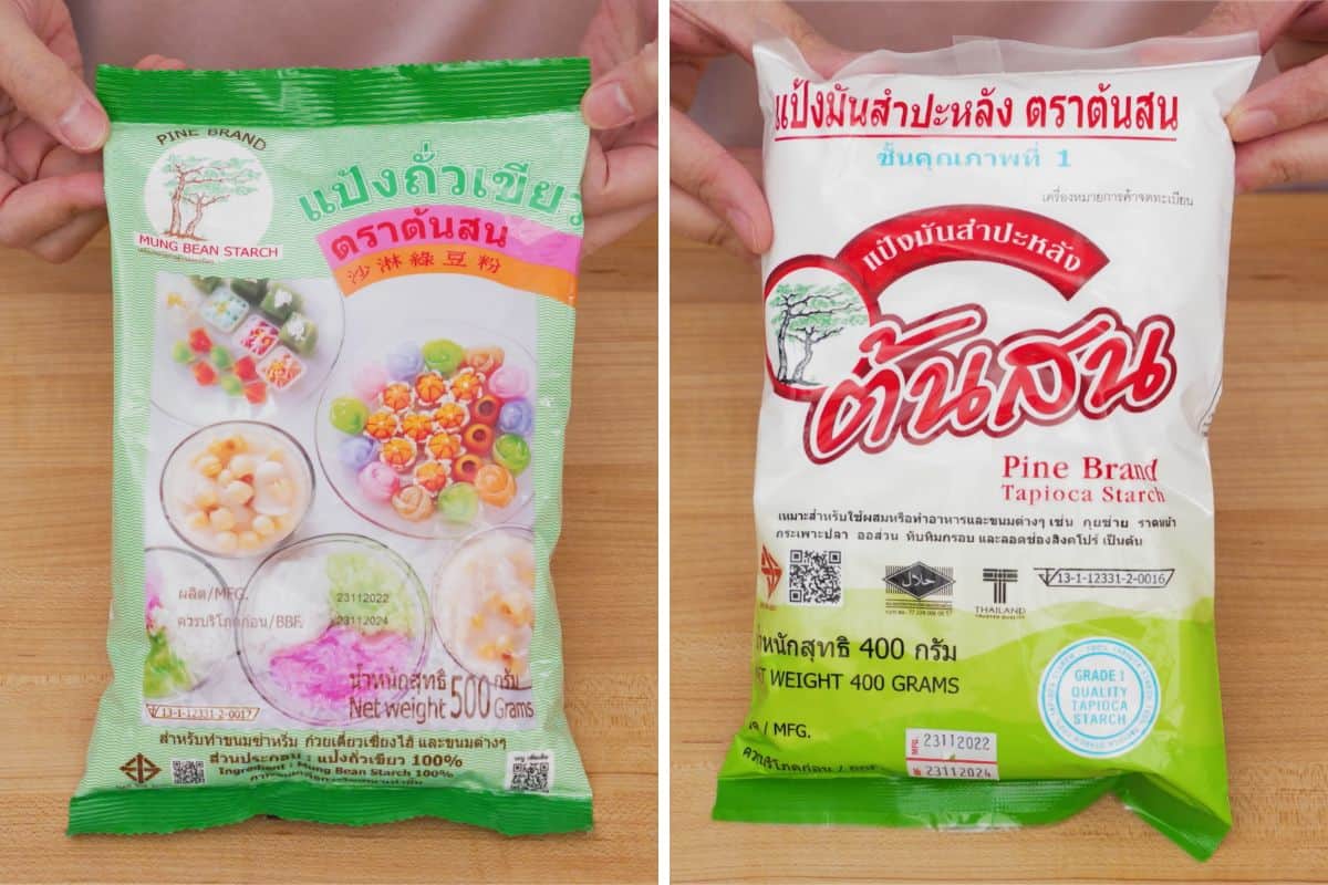 A bag of pine brand mung bean starch and a bag of pine brand tapioca starch