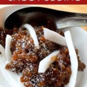 A bowl of sago pudding with young coconut meat with text "Coconut Sago Pudding" and "Hotthaikitchen.com"