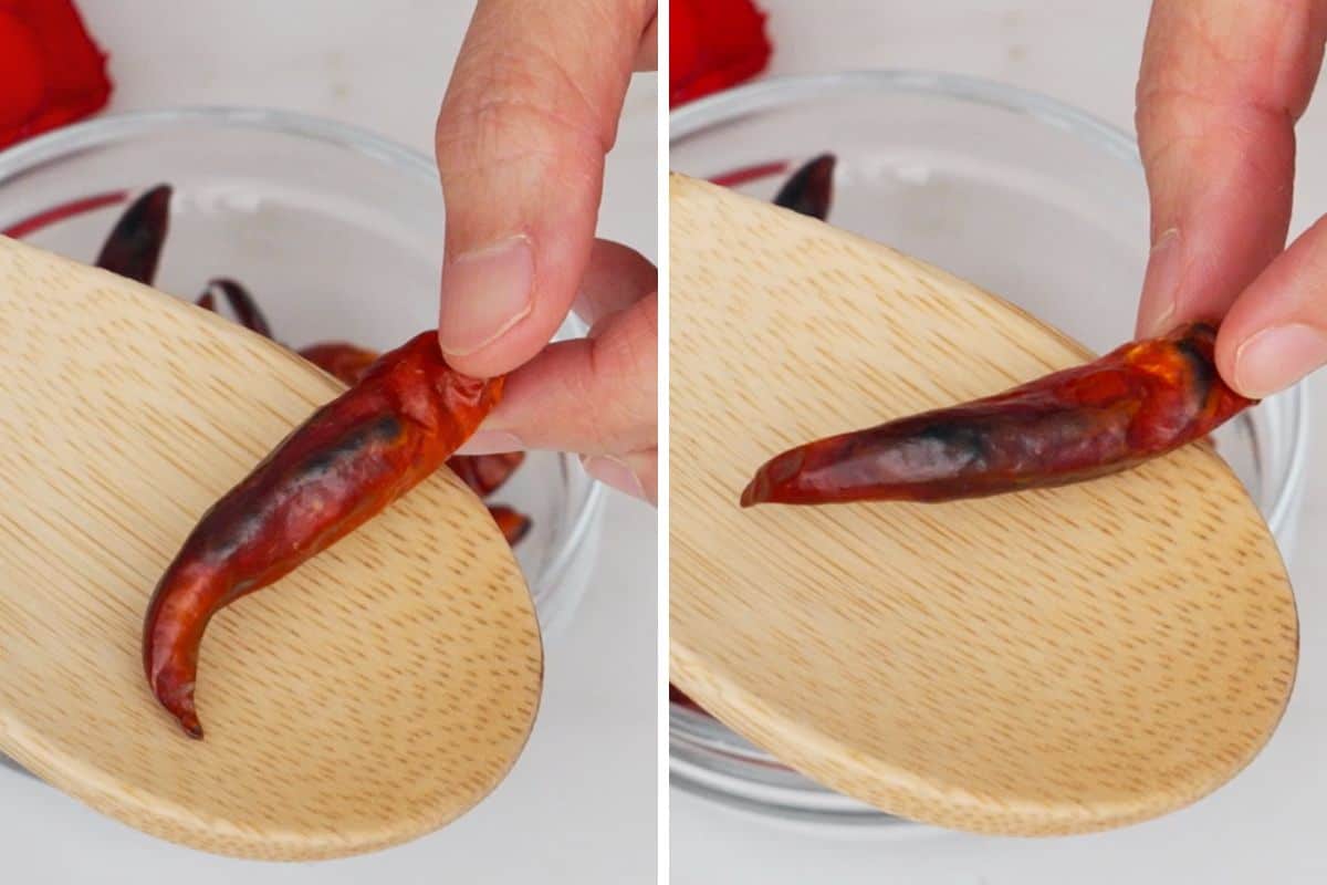 2 pictures of toasted chilies