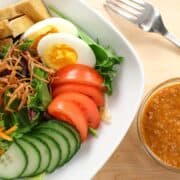 A bowl of salad veggies with a boiled egg with a bowl of peanut dressing on the side.