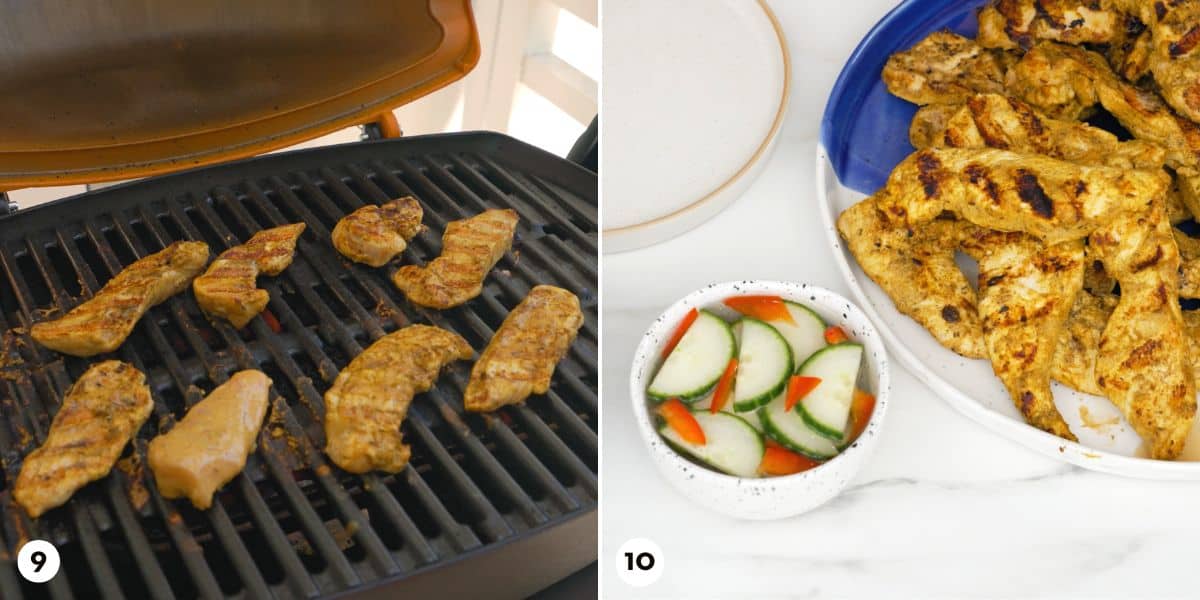 Process shots for making chicken satay, steps 9-10