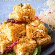 A plate of crispy noodle treats with text "Sweet & Sour Crispy Noodle Treats" and "hotthaikitchen.com"