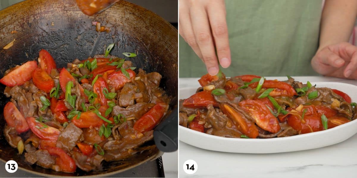 process shots for tomato beef stir fry steps 13-14